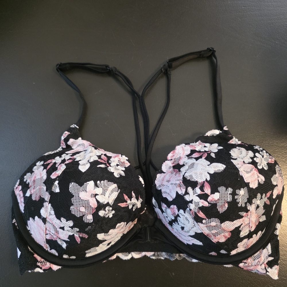 Victoria Secret PINK Date Push Up Floral Lace Black Bra Front clasp Size 32D
